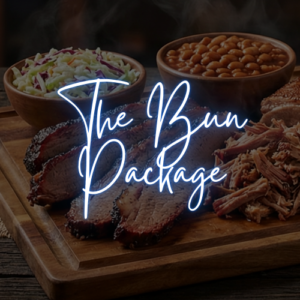 BBQ brisket sandwich on a bun with chips and bottled water catering package