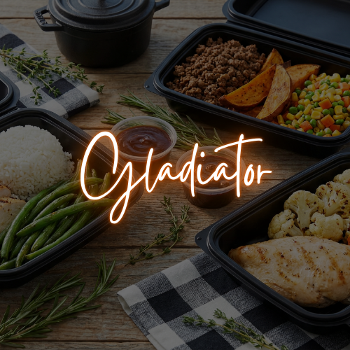 Gladiator meal prep package with high protein large portions featuring vegetables and root carbs from Maple Leaf Roadhouse BBQ