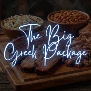 Greek BBQ catering package with chicken souvlaki, tzatziki, roasted lemon potatoes, salads and garlic bread