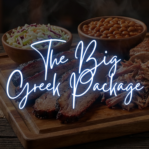 Greek BBQ catering package with chicken souvlaki, tzatziki, roasted lemon potatoes, salads and garlic bread