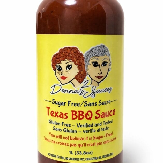 1L bottle of 2 Donna’s Sauces Texas BBQ Sauce with a bright yellow label.