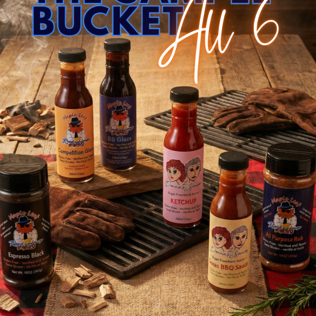 A collection of six BBQ sauces and rubs called The Sample Bucket, featuring Maple Leaf Roadhouse BBQ glazes and Donna’s Sauces Ketchup, arranged on a rustic wooden table with grill grates and wood chips.